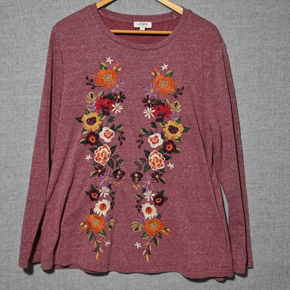 Umgee Floral Embroidered Long Sleeve Top Womens Large Burgundy Pockets